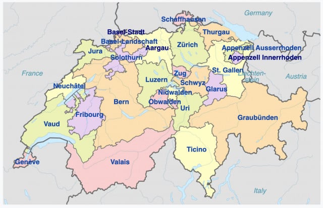The current cantonal map of Switzerland. Image: Wikicommons