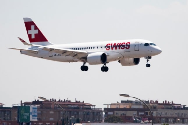 A Swiss Air flight arriving from Zurich. (Photo by JOSE JORDAN / STR / AFP)