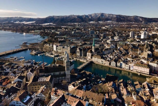 The Zurich old town on a clear day seen from above